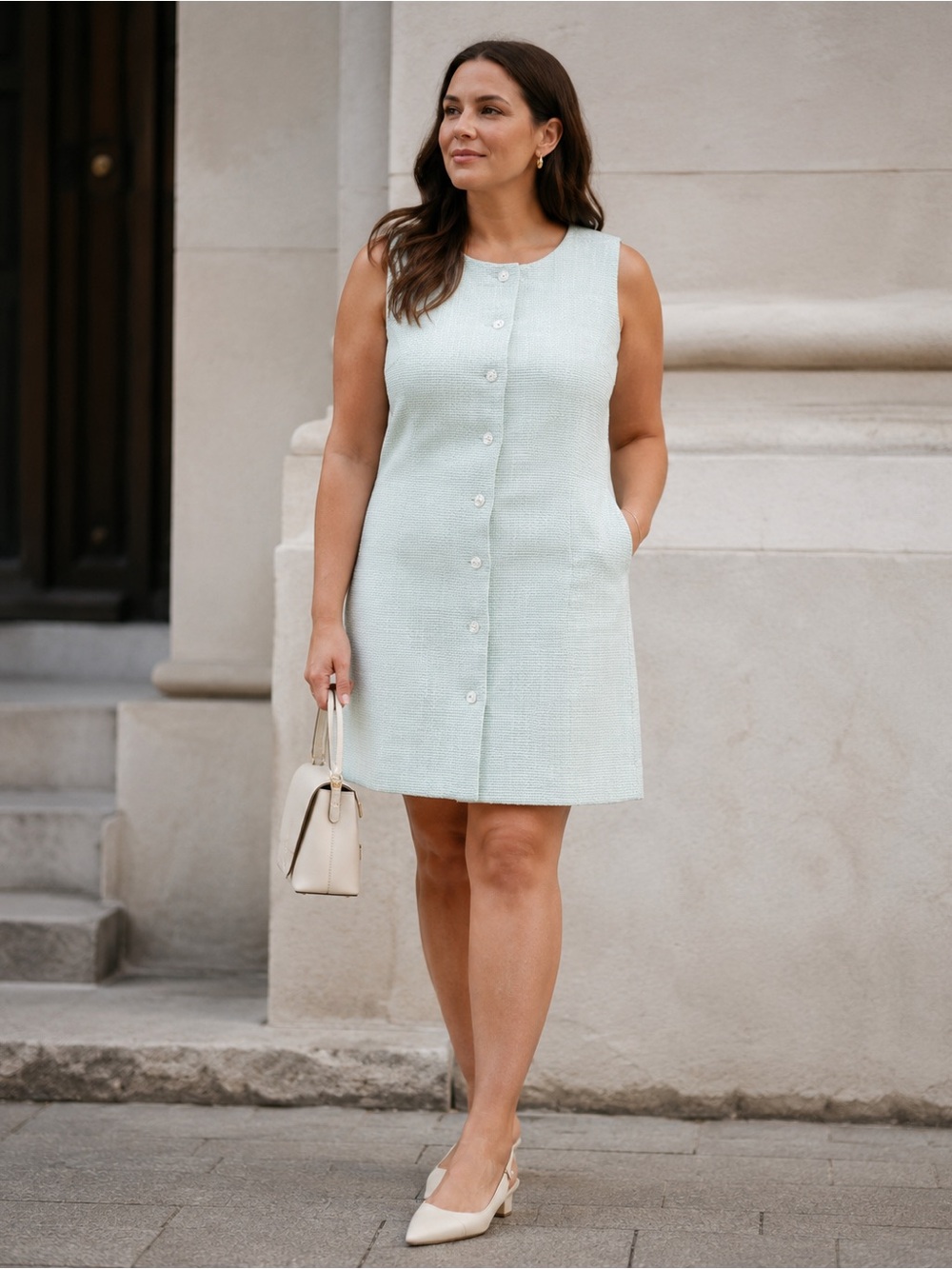 J.Crew NWT Mint White Tweed Button Front Shift Dress Size 12
